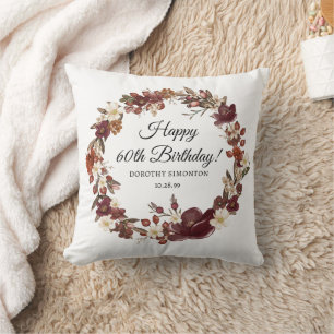 Coussin Fleurs d'automne bordeaux mauve pour 60 ans