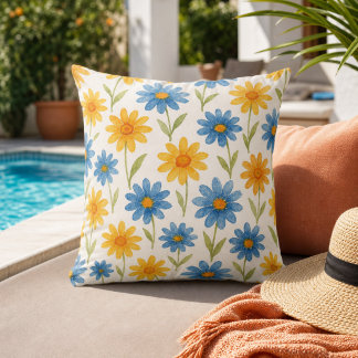 Coussin Fleurs de bleu et de jaune en aquarelle