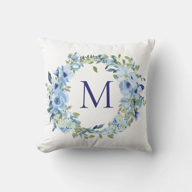 Coussin Fleurs de bleu vert botanique aquarelle Monogramme (Recto)