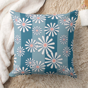 Coussin Fleurs de camomille blanches sur fond bleu rayé