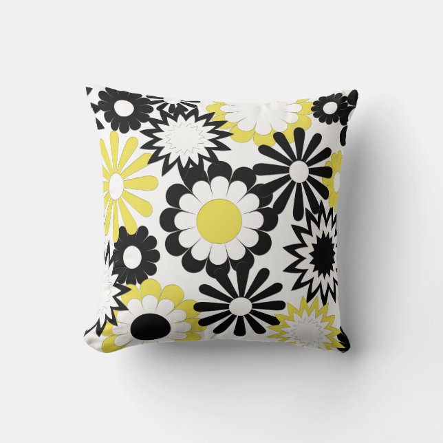 Coussin Fleurs de carreaux, de jaune, noires et blanches (Recto)