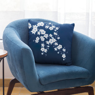 Coussin Fleurs de cerisier en fleurs bleu marine blanc