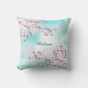 Coussin Fleurs de cerisier Fond turquoise