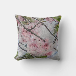 Coussin fleurs de cerisier rose aquarelle