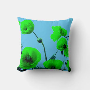 Coussin Fleurs de coquelicot bleu vert floral