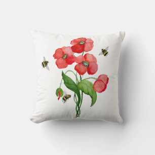 Coussin Fleurs de coquelicot écarlate d'aquarelle et bourd