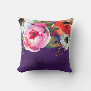 Coussin Fleurs de fête violettes florales à l'aquarelle lu