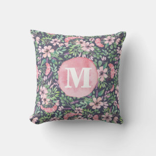 Coussin Fleurs de fille Lilac rose vert clair monogramme f