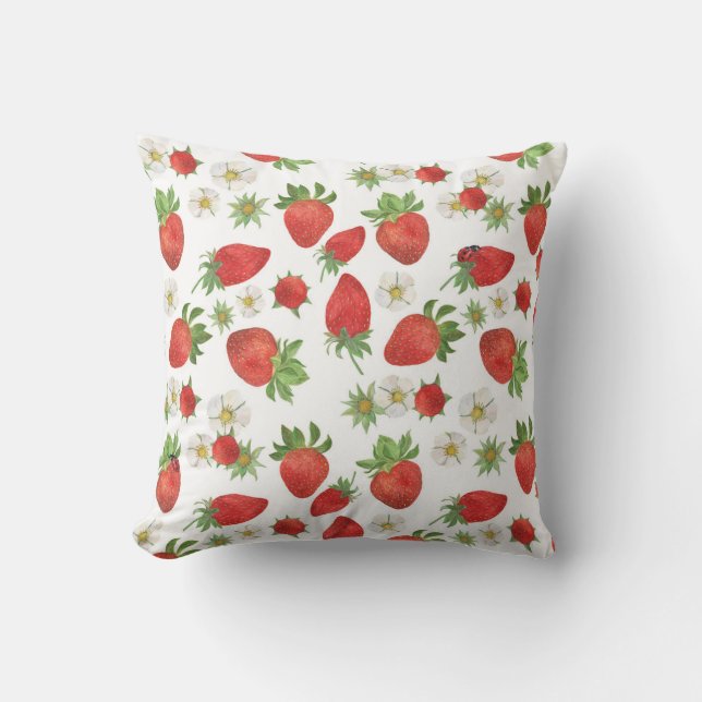 Coussin Fleurs de fraises : Aquarelle Art sans fil (Recto)