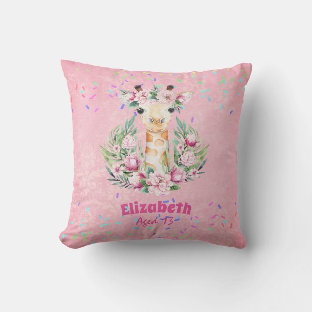 Coussin Fleurs de girafe Boho Nommées Filles, Cadeaux Ados (Recto)