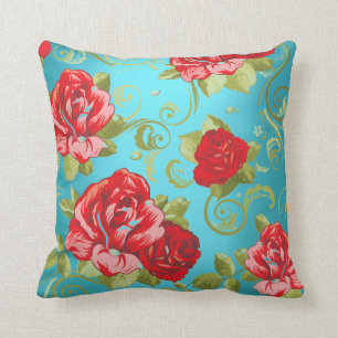 Coussin Fleurs de jardin magique rouge turquoise Rose