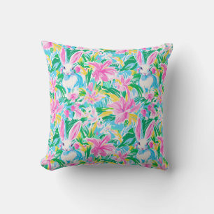 Coussin Fleurs de lapins de printemps de Pâques Preppy