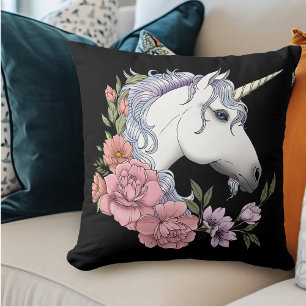 Coussin Fleurs de licorne blanche enchantée rose noir