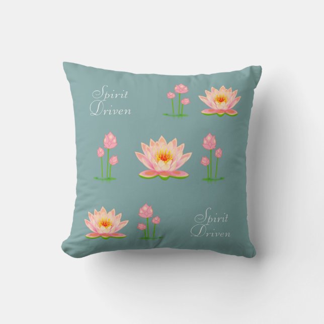 Coussin Fleurs de lotus roses sur fond sarcelle clair (Recto)