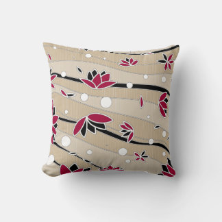 Coussin Fleurs de lotus rouges vintages sur bandes beiges