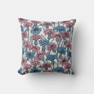 Coussin Fleurs de maïs roses et bleues, fleurs sauvages su