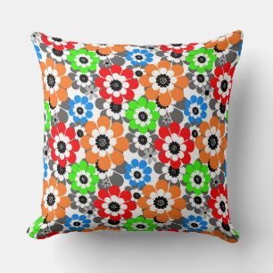 Coussin Fleurs de marguerite colorées Rouge Bleu Vert Rétr