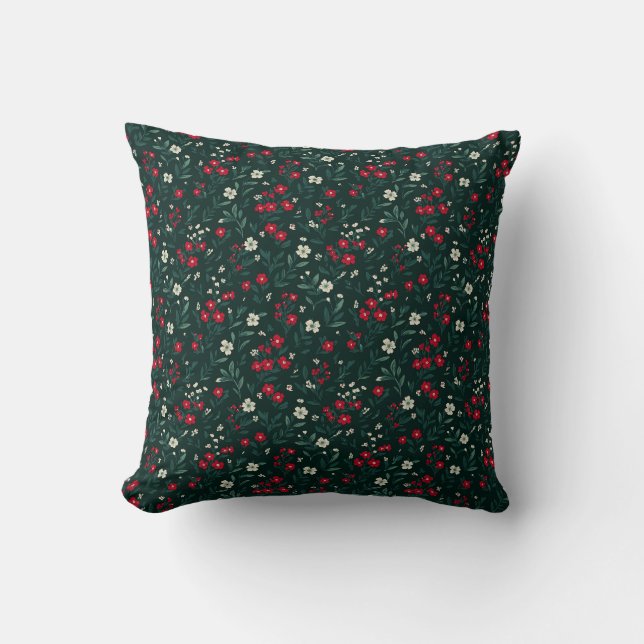 Coussin Fleurs de Noël vertes rouges et blanches (Recto)