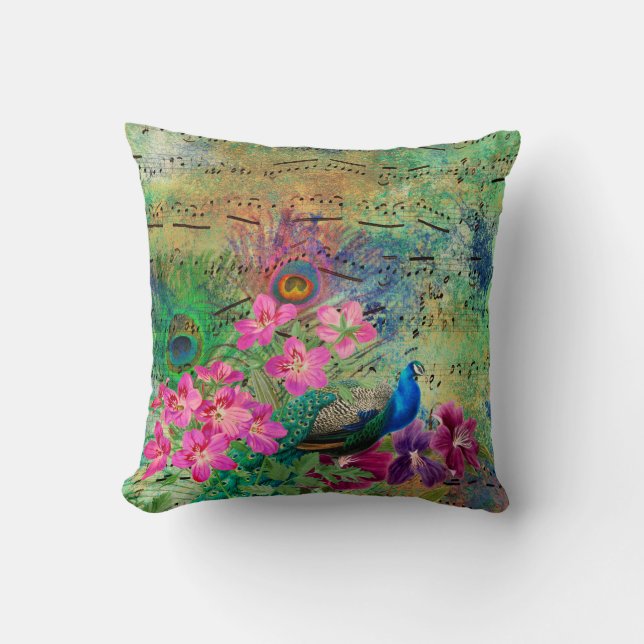 Coussin Fleurs de paon et musique (Recto)