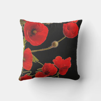 Coussin Fleurs de pavot Coloré Rouge Floral Abstrait Noir