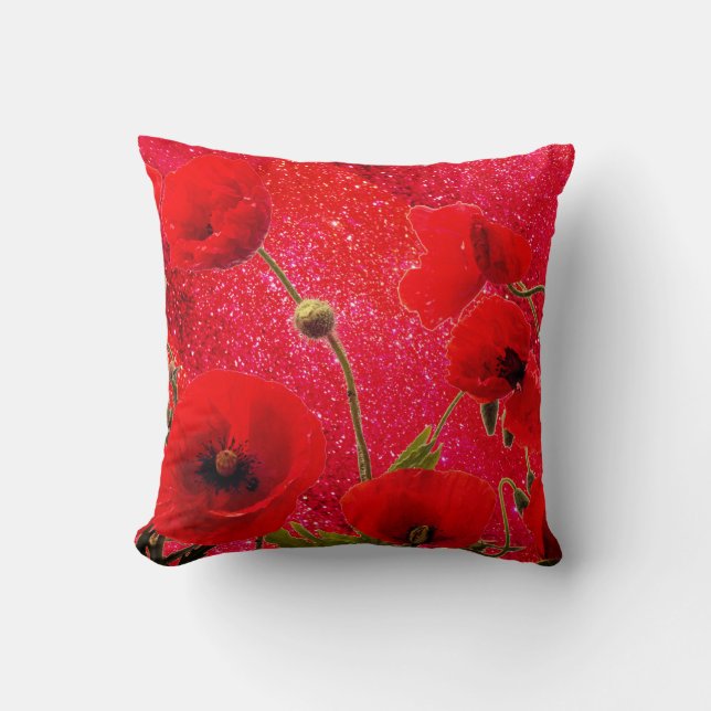 Coussin Fleurs de pavot Glitterie Parties scintillant roug (Recto)