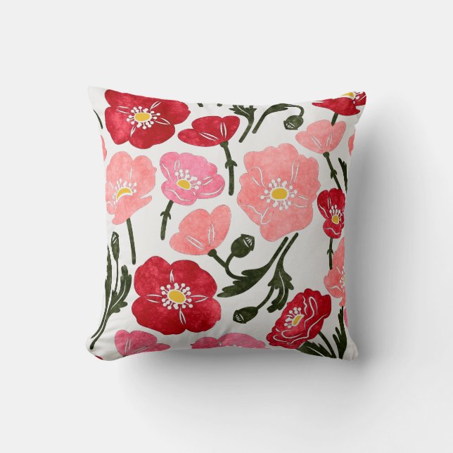 Coussin Fleurs de pavot Joli rose rouge motif floral (Recto)