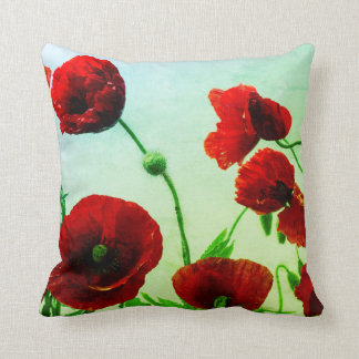 Coussin Fleurs de pavot rouge Abstrait vert artistique col