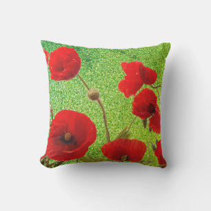 Coussin Fleurs de pavot Rouge Vert Parties scintillant Art