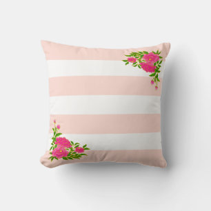 Coussin Fleurs de pivoine sur fond rayé rose clair et blan