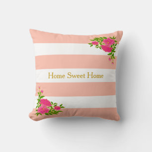 Coussin Fleurs de pivoine sur fond rayé rose corail et bla