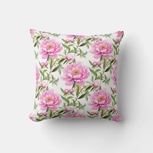 Coussin Fleurs de pivoines roses avec Feuilles verts Sage (Recto)