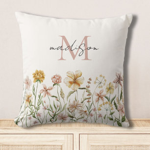 Coussin Fleurs de prairie sauvage à aquarelle monogrammée