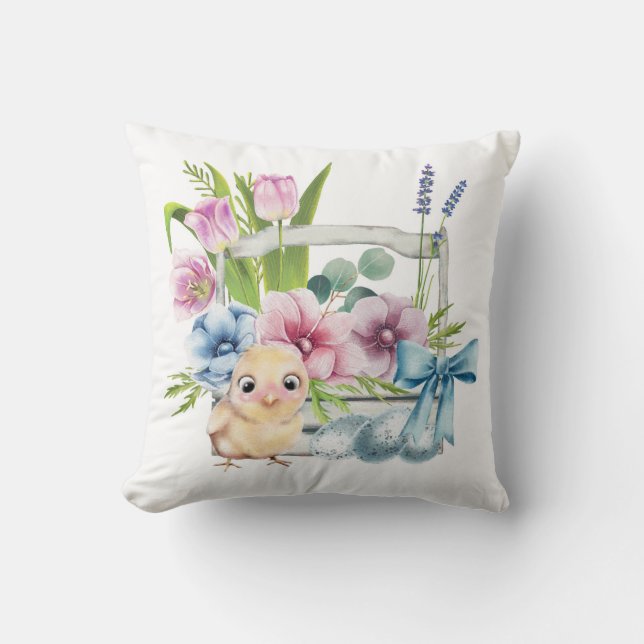 Coussin Fleurs de printemps de poussins de Pâques OEufs Bl (Recto)