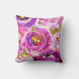 Coussin Fleurs de rose violet or métallisé moderne élégant