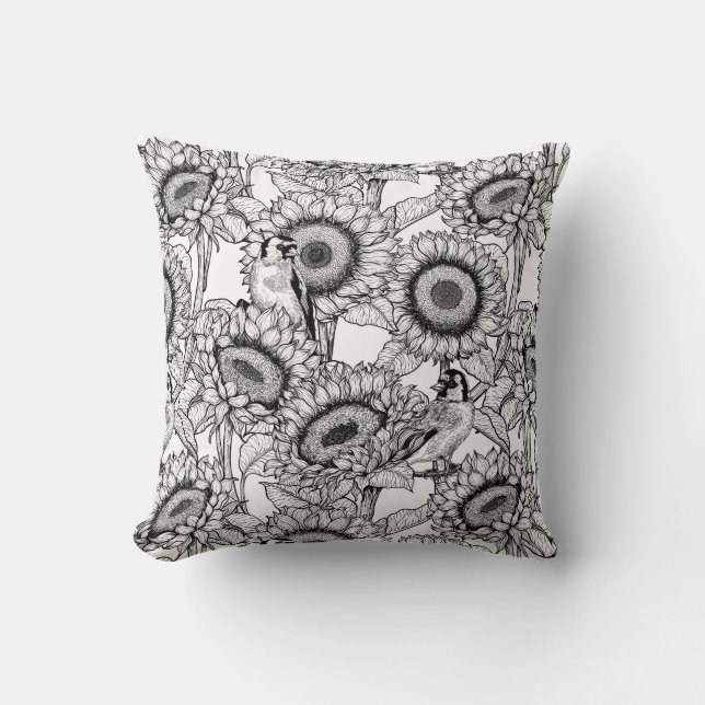 Coussin Fleurs de soleil et ailerons en noir et blanc (Recto)