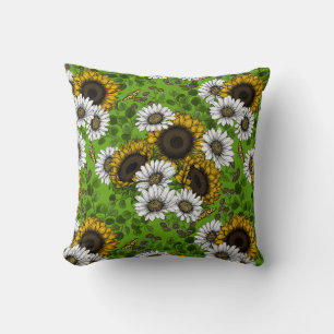 Coussin Fleurs de soleil et marguerites, jardin d'été
