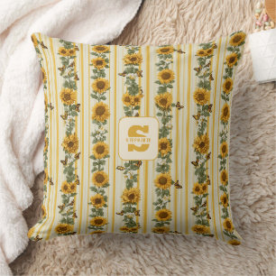 Coussin Fleurs de soleil et papillons sur bandes jaunes