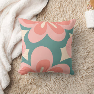 Coussin Fleurs de style rétro rose et turquoise
