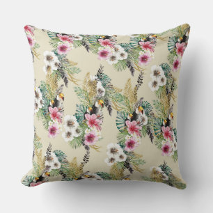 COUSSIN FLEURS DE TROPICAL HIBISCUS ROSE ET BLANC & TOUCAN