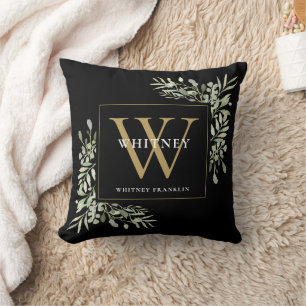 Coussin Fleurs de verdure moderne monogramme initial noir 