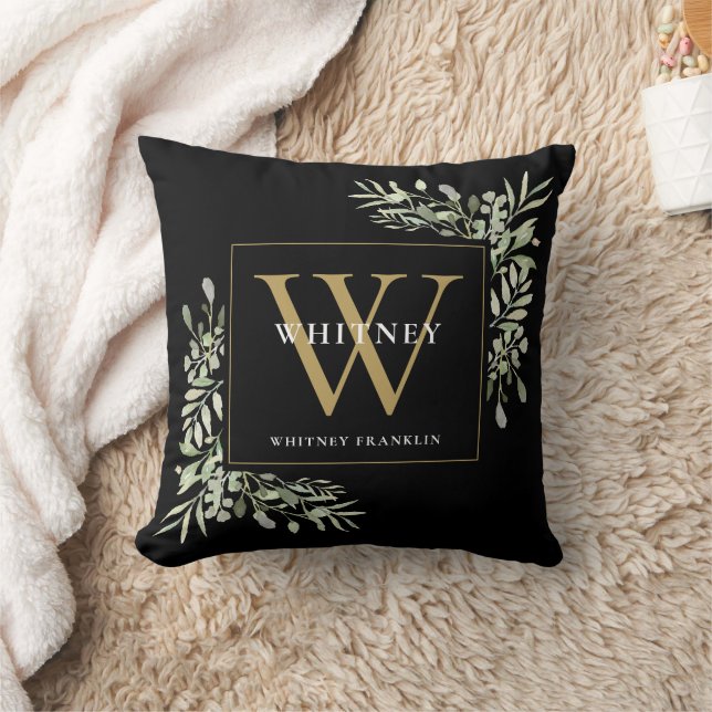 Coussin Fleurs de verdure moderne monogramme initial noir  (Couverture)
