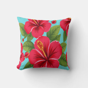 Coussin Fleurs d'Hibiscus Rouge – Ciel Bleu Tropical Vibra