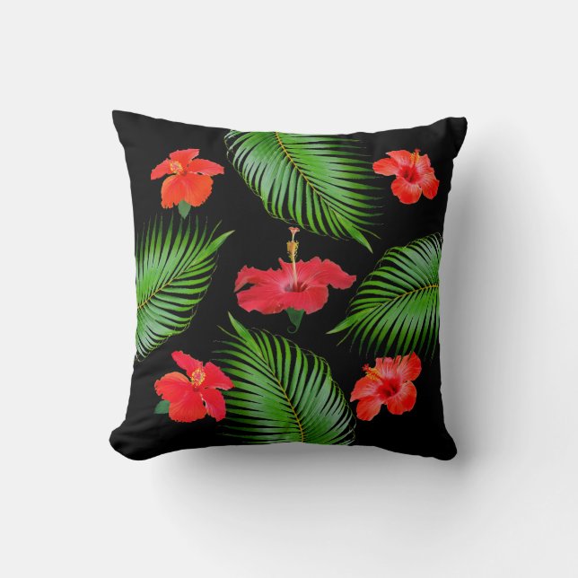 Coussin Fleurs d'Hibiscus rouge et Feuilles de palme sur n (Recto)