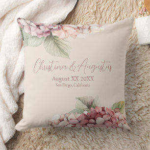 Coussin Fleurs d'hortensia roses et blush romantiques