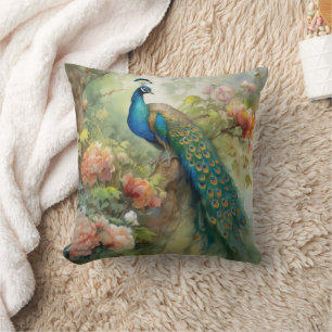 Coussin Fleurs élégantes vintage bleu vert paon rose 