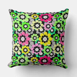 Coussin Fleurs en papier découpé multicolores sur fond noi