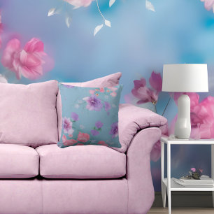 Coussin Fleurs en soie rose bleu clair tissu feuilles vert