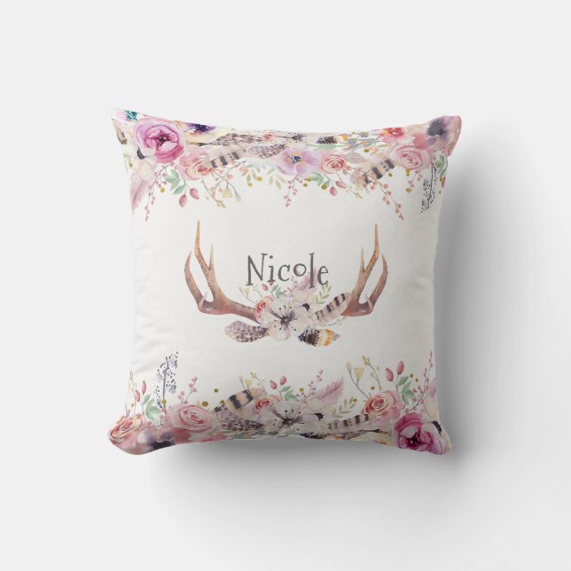 Coussin Fleurs et cerfs Antlers rustique Farmhouse Chic (Recto)