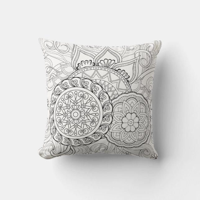 Coussin Fleurs et mandalas de griffonnage (Recto)