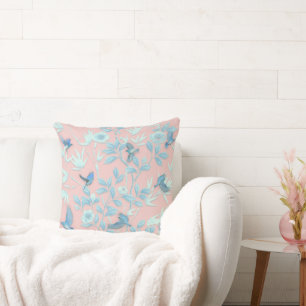 Coussin fleurs et oiseau bleu clair, ros lumineux Arrière